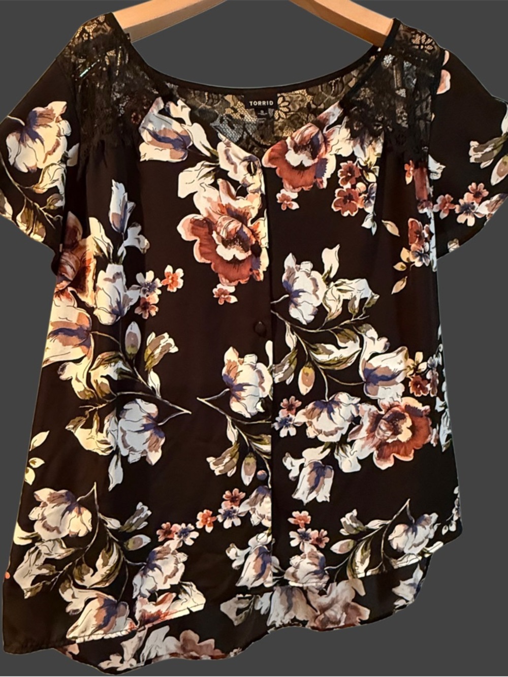 torrid Black Floral Button-Front w/Lace Shoulder Yoke Style Blouse